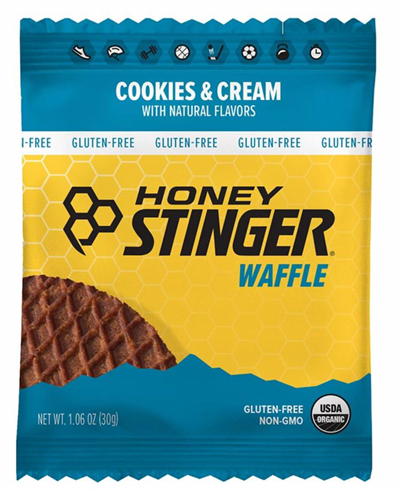 Honey Stinger Cookies & Cream waffle package with blue and yellow design