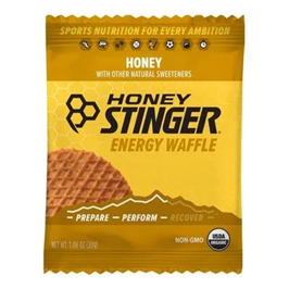 Honey Stinger energy waffle package with yellow and brown design