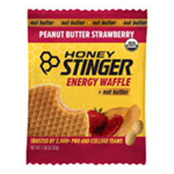 Honey Stinger Peanut Butter Strawberry energy waffle package on a white background